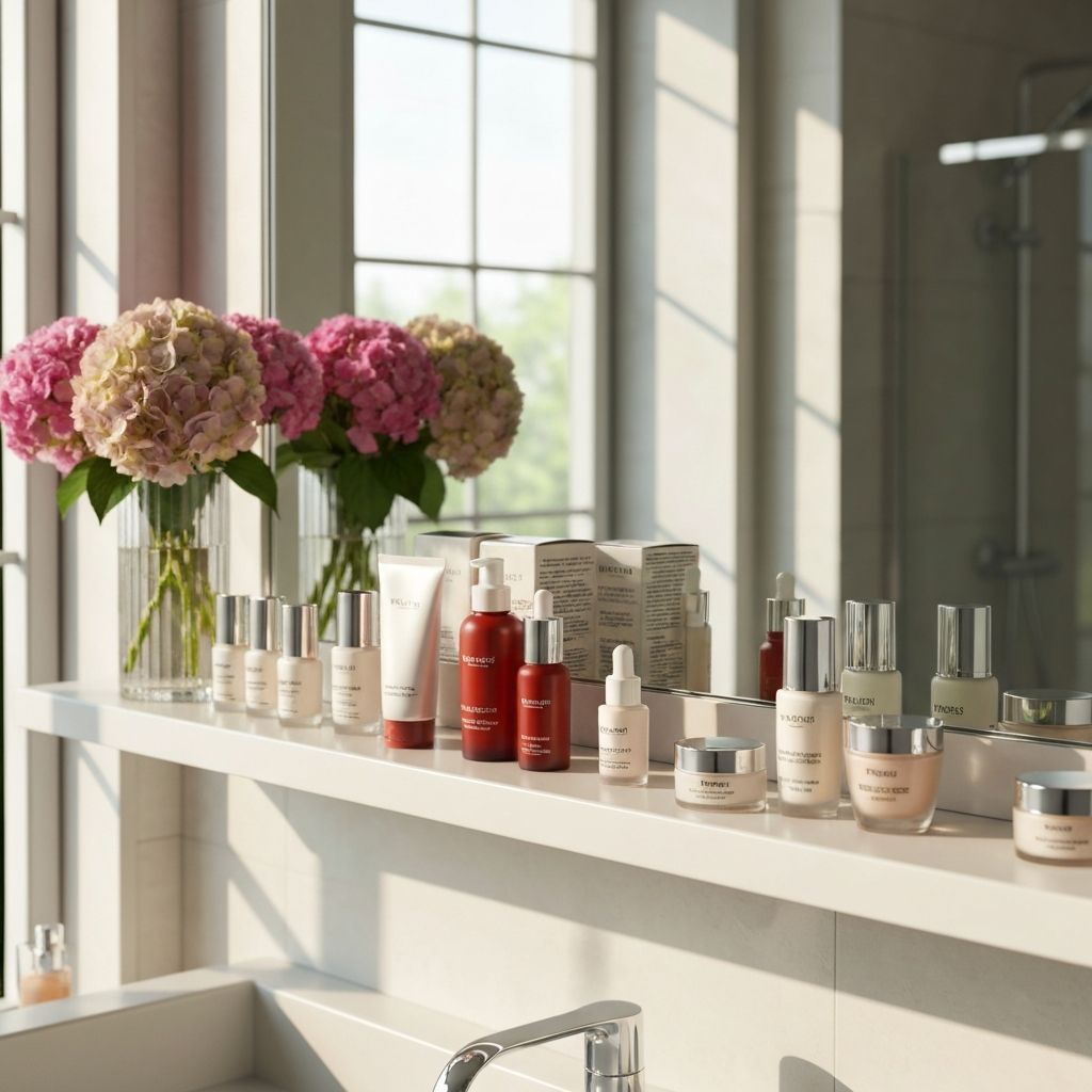 Пълна колекция на козметични продукти от Hypra в елегантна баня